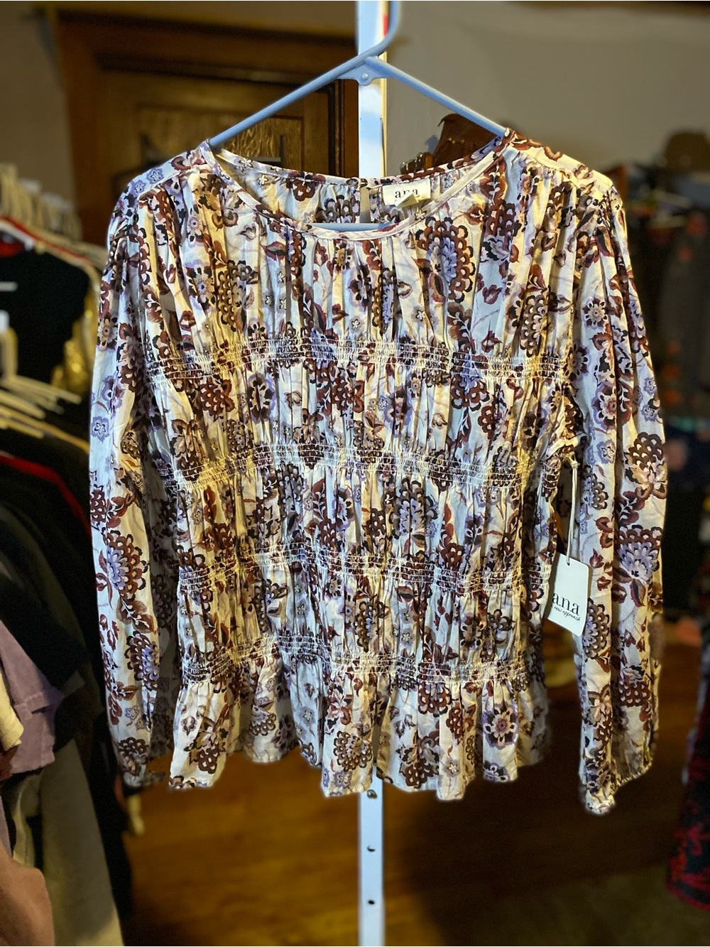 a.n.a Cream Floral Smocked Long-Sleeve Blouse with Brown and Purple Print